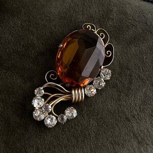 Vintage Leo Glass Large Open Back Brown Amber Rhinestone Filigree Gold Brooch XL